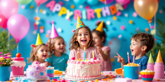 Fiesta de cumpleaños para niña con pastel y globos.