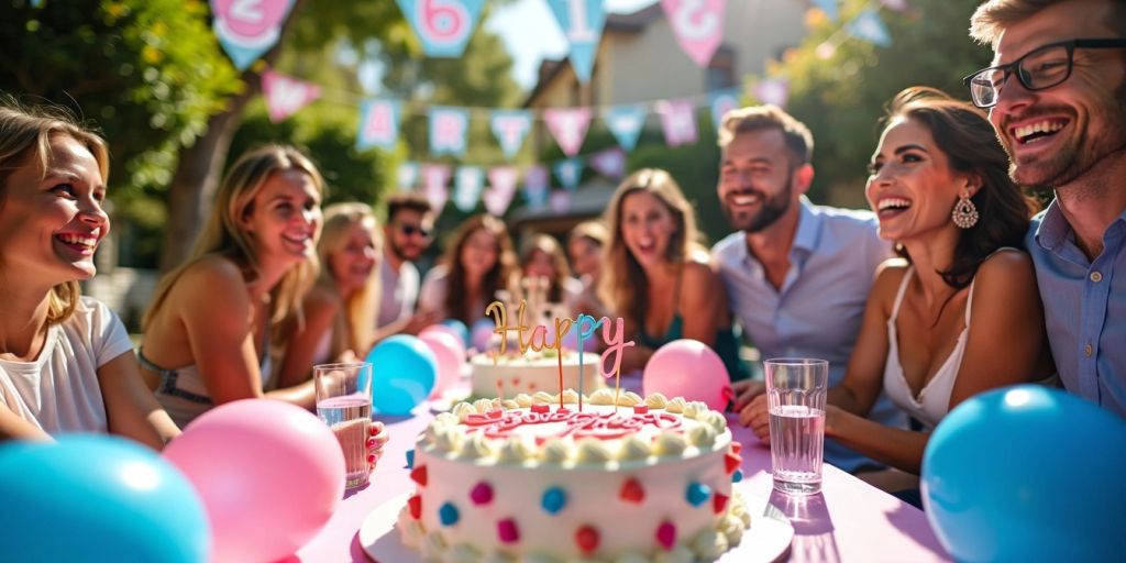 Fiesta de revelación de género con globos y pastel.