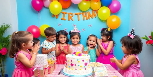 Fiesta de cumpleaños con niños y decoraciones coloridas.