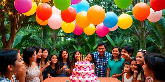 Escena de fiesta de cumpleaños con globos y pastel.