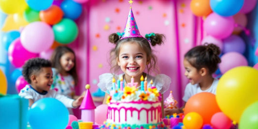 Fiesta de cumpleaños con globos y pastel colorido.