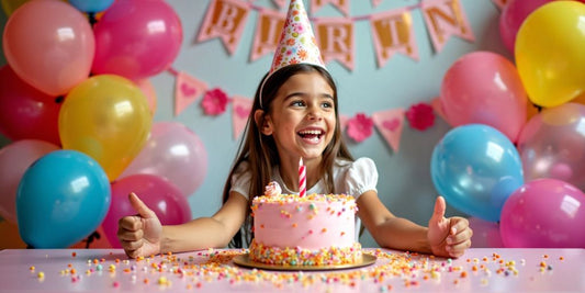 Fiesta de cumpleaños con globos y pastel colorido.