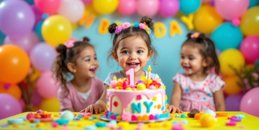 Fiesta de cumpleaños con decoración colorida y niños felices.