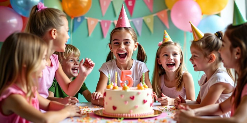 Fiesta de cumpleaños colorida para niña de 5 años.