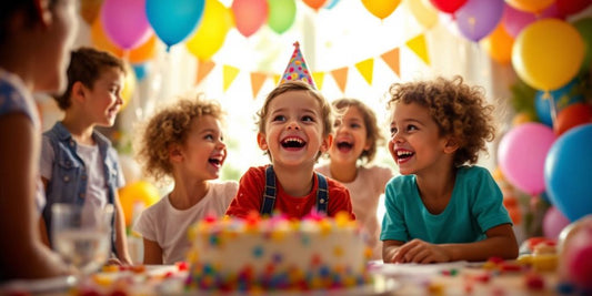 Fiesta de cumpleaños con globos y pastel colorido.