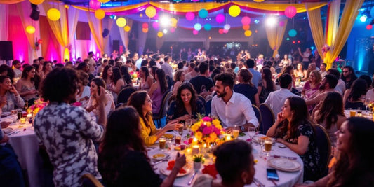 Escena vibrante de un evento con personas felices.