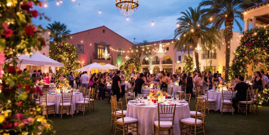 Decoración de evento en Santa Fe con mesas y flores.
