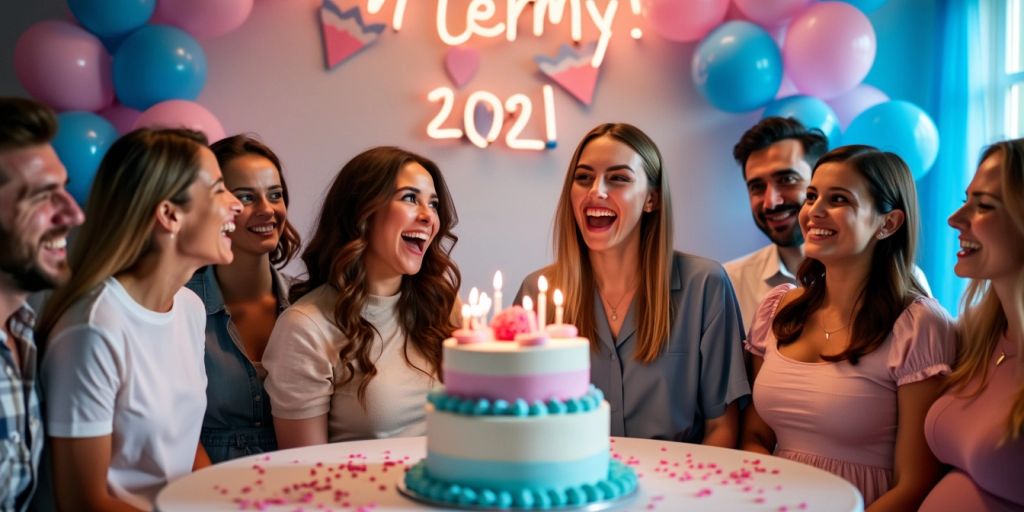 Fiesta de revelación de género con globos y pastel.