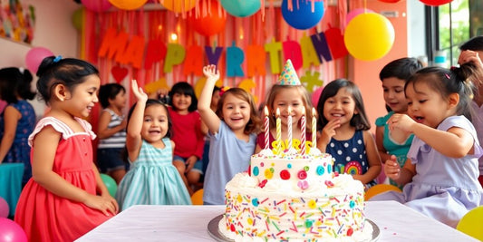 Fiesta de cumpleaños con niños felices y decoración colorida.