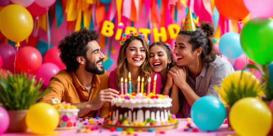 Celebración de cumpleaños con globos y pastel colorido.