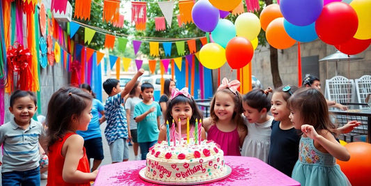 Fiesta de cumpleaños con niños y decoraciones coloridas.