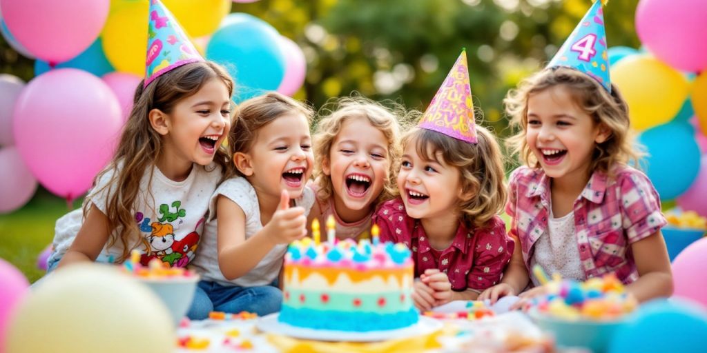 Niño sonriente con pastel y globos de cumpleaños.