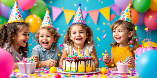 Escena festiva de cumpleaños con niños y globos coloridos.