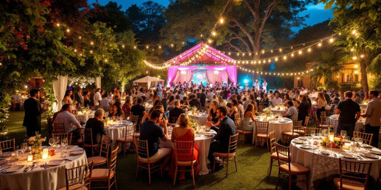 Escena festiva con decoración elegante y ambiente alegre.
