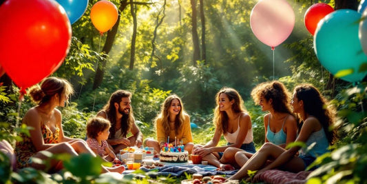 Celebración de cumpleaños en el bosque con amigos.