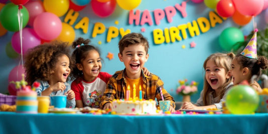 Fiesta de cumpleaños con globos y pastel colorido.