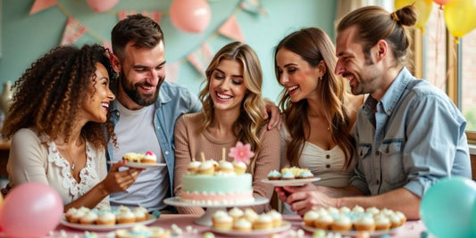 Celebración de un baby shower con decoraciones coloridas.