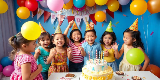 Fiesta de cumpleaños infantil con globos y pastel.