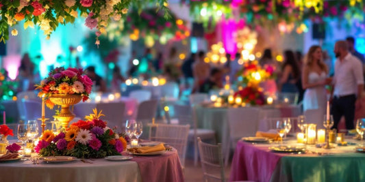 Escena de celebración con mesas decoradas y flores.