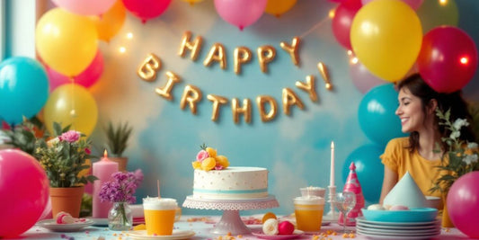 Escena festiva de cumpleaños con globos y pastel elegante.